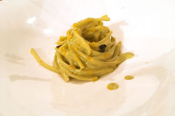 spaghettoro verrigni, crema di pistacchio, bottarga e capperi nostrani