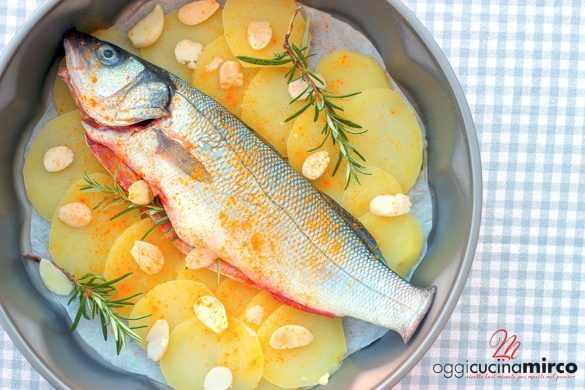 spigola al forno con odori e patate