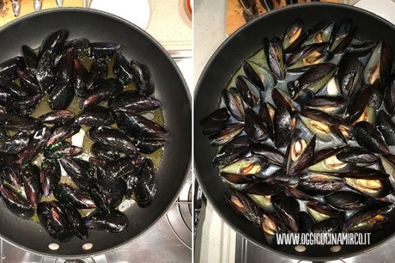 schiusura delle cozze in padella