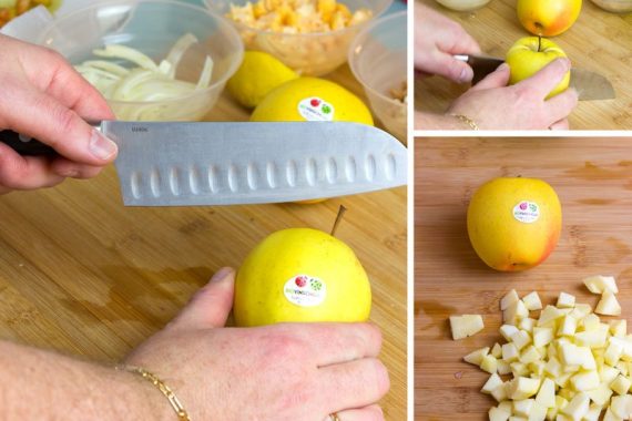 preparazione insalata autunnale con mele, gamberetti, cavolfiore giallo, mandorle, finocchi e melograno