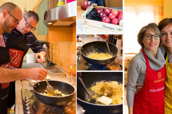 preparazione millefoglie al cacao con mele caramellate ricotta e noci