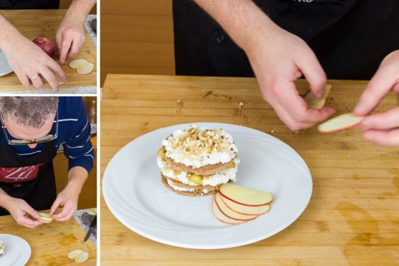 preparazione millefoglie al cacao con mele caramellate ricotta e noci