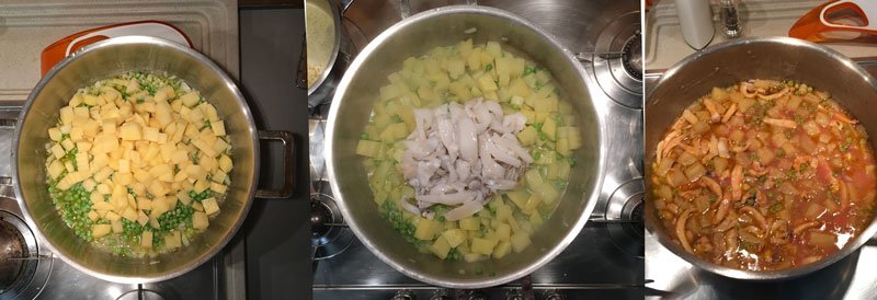 preparazione seppie con patate e piselli