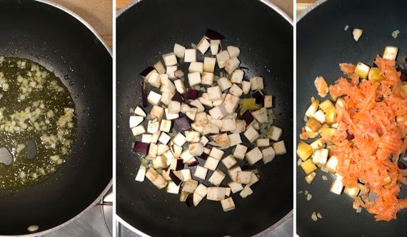 fasi preparazione pasta al salmone con melanzane