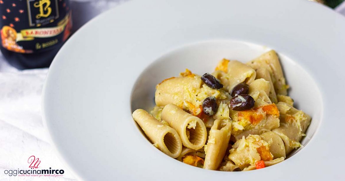 mezzi paccheri con baccalà alla birra e pomodorini gialli